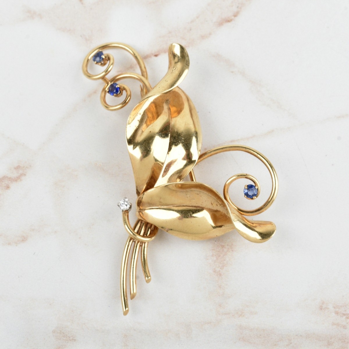 Sapphire, Diamond and 14K Brooch