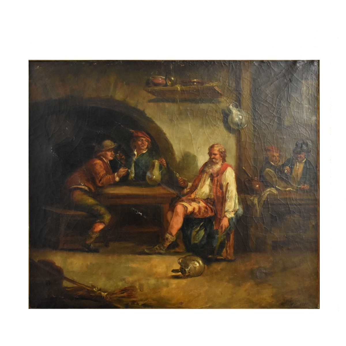 Antique Oil On Canvas Tavern Scene Painting