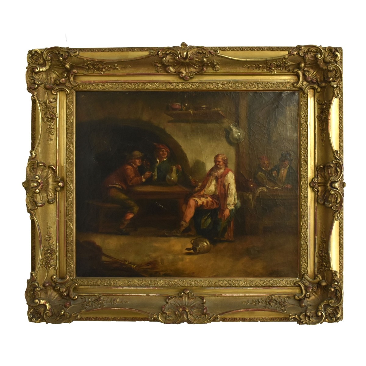 Antique Oil On Canvas Tavern Scene Painting