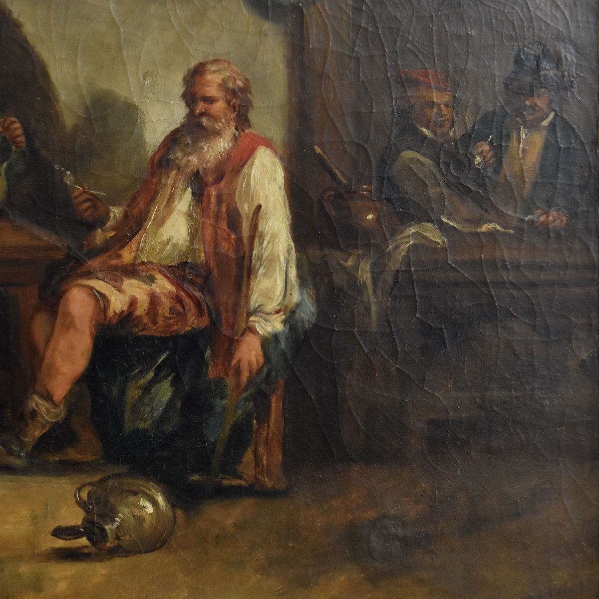 Antique Oil On Canvas Tavern Scene Painting