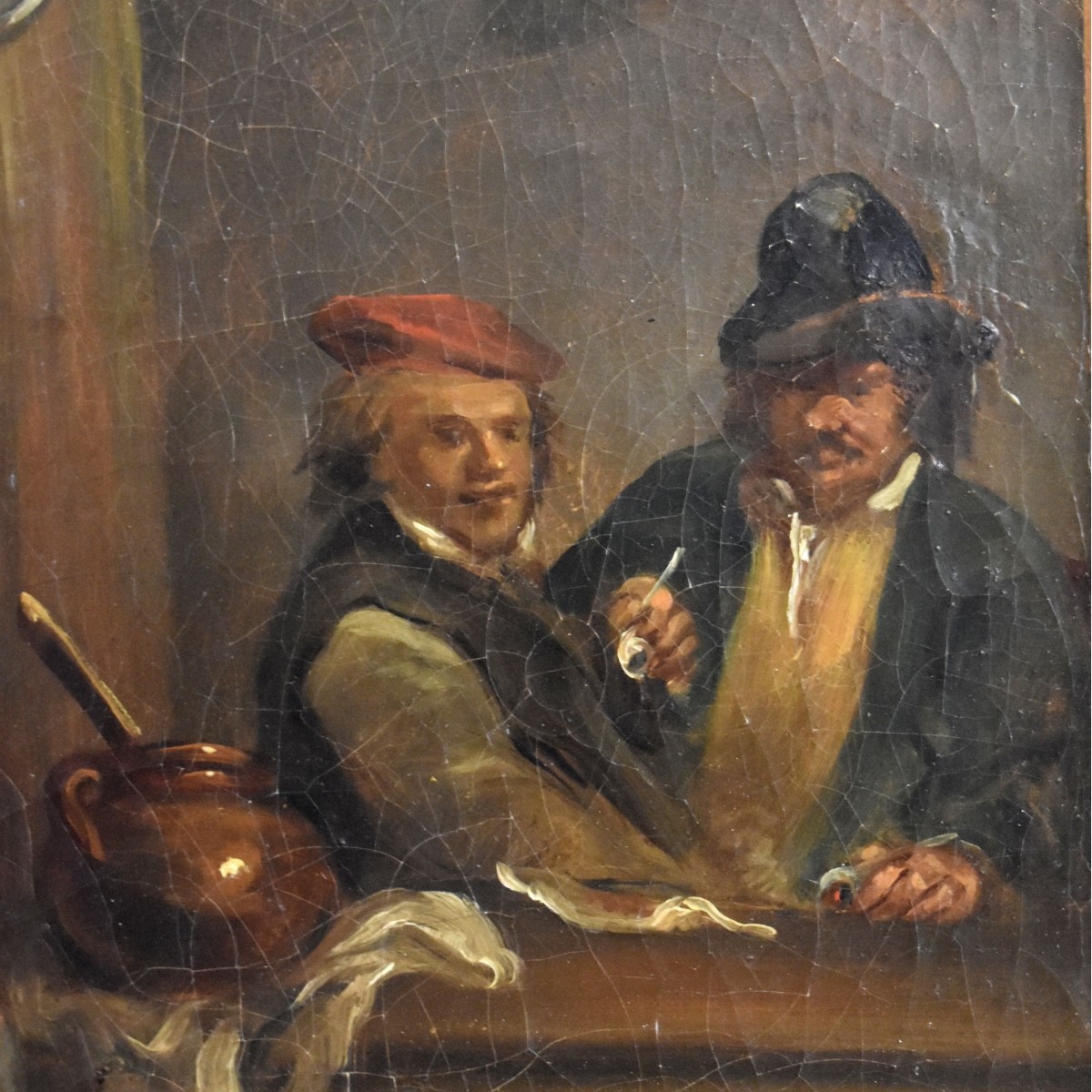 Antique Oil On Canvas Tavern Scene Painting