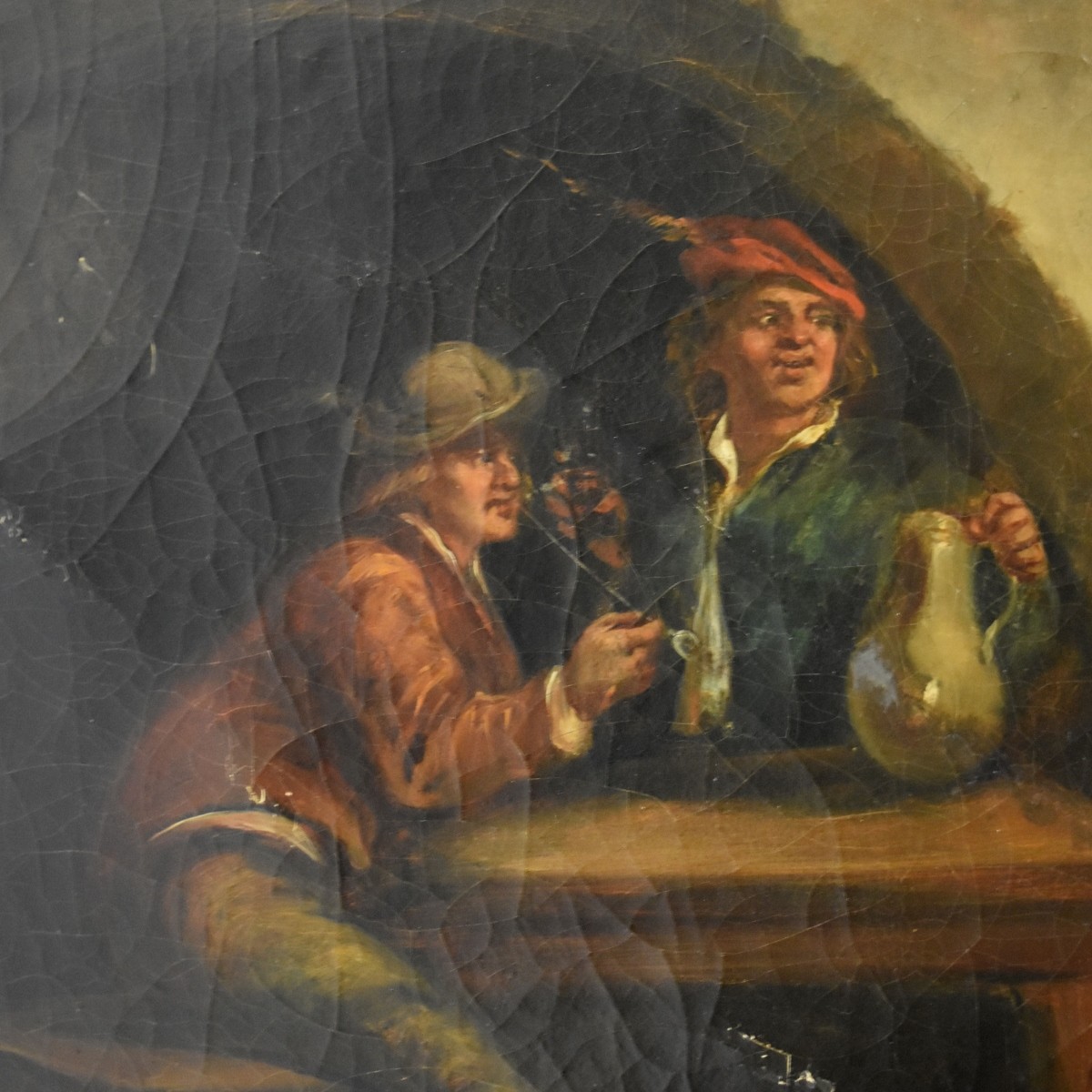 Antique Oil On Canvas Tavern Scene Painting