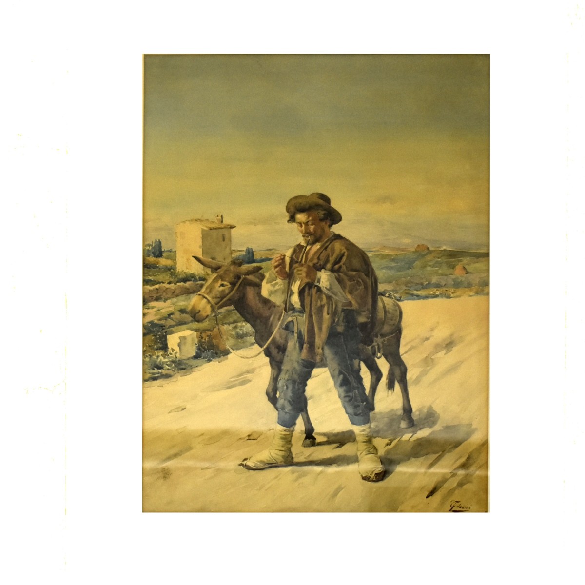 Antique Italian Watercolor of Man with Donkey