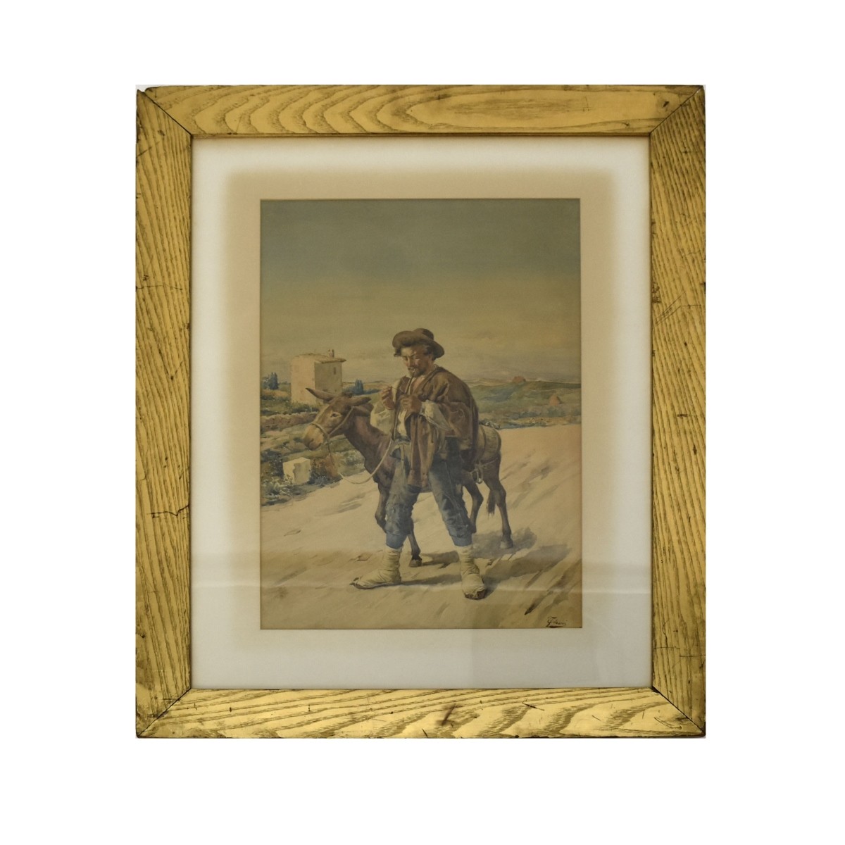 Antique Italian Watercolor of Man with Donkey