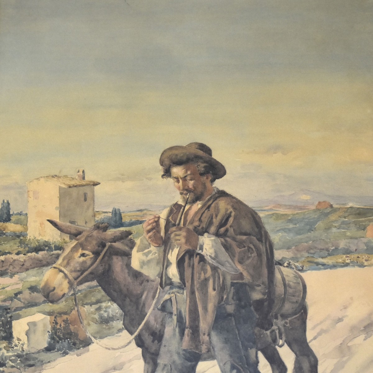 Antique Italian Watercolor of Man with Donkey