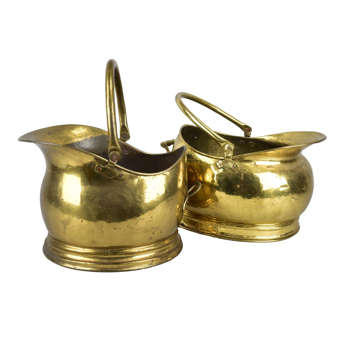 Two Vintage Brass Helmet Coal Buckets