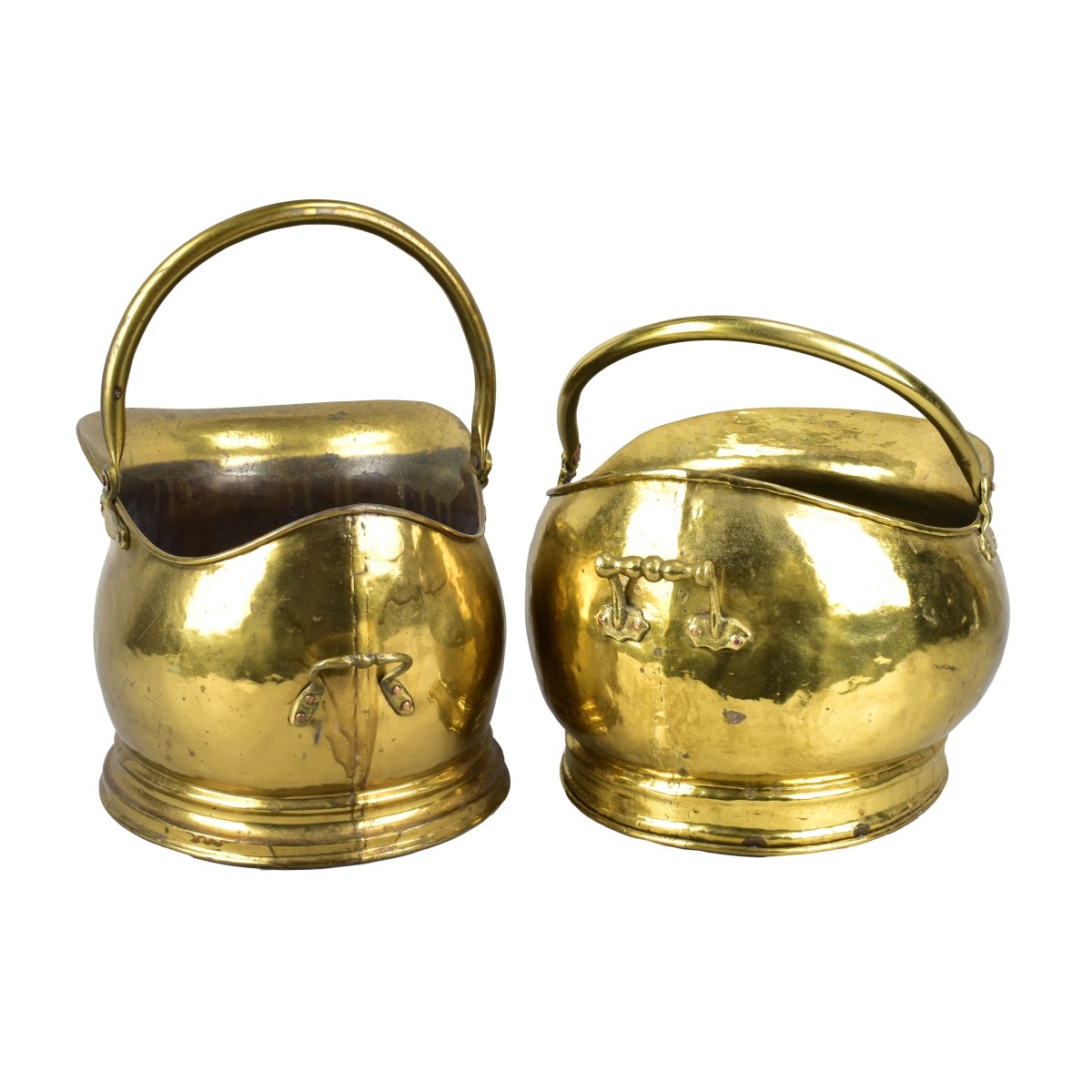 Two Vintage Brass Helmet Coal Buckets
