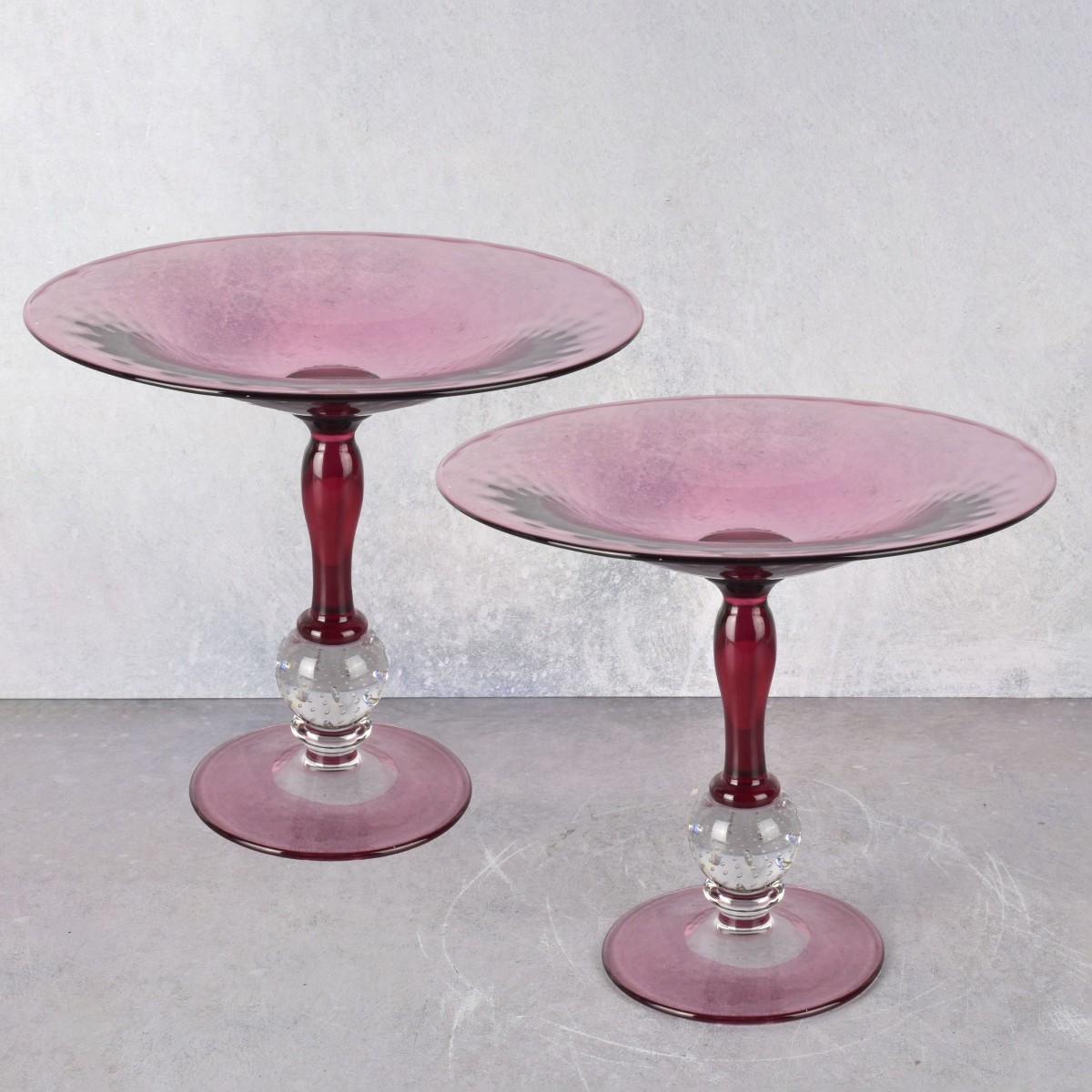 Pair of Cranberry and Clear Compotes
