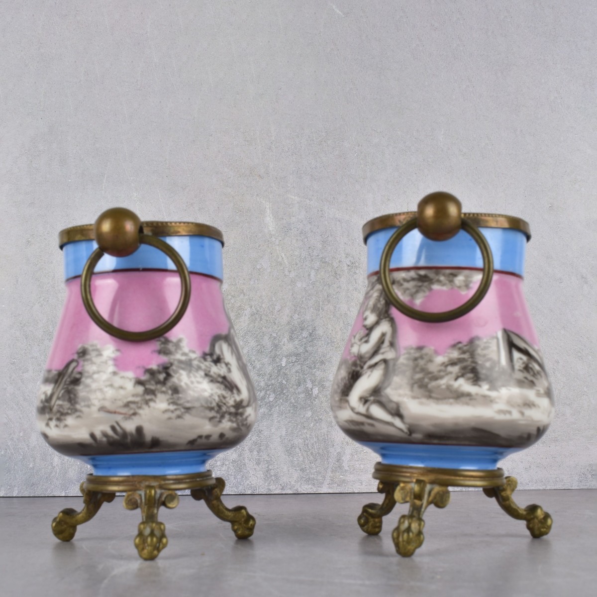Antique Pair of Scenic Porcelain Pots