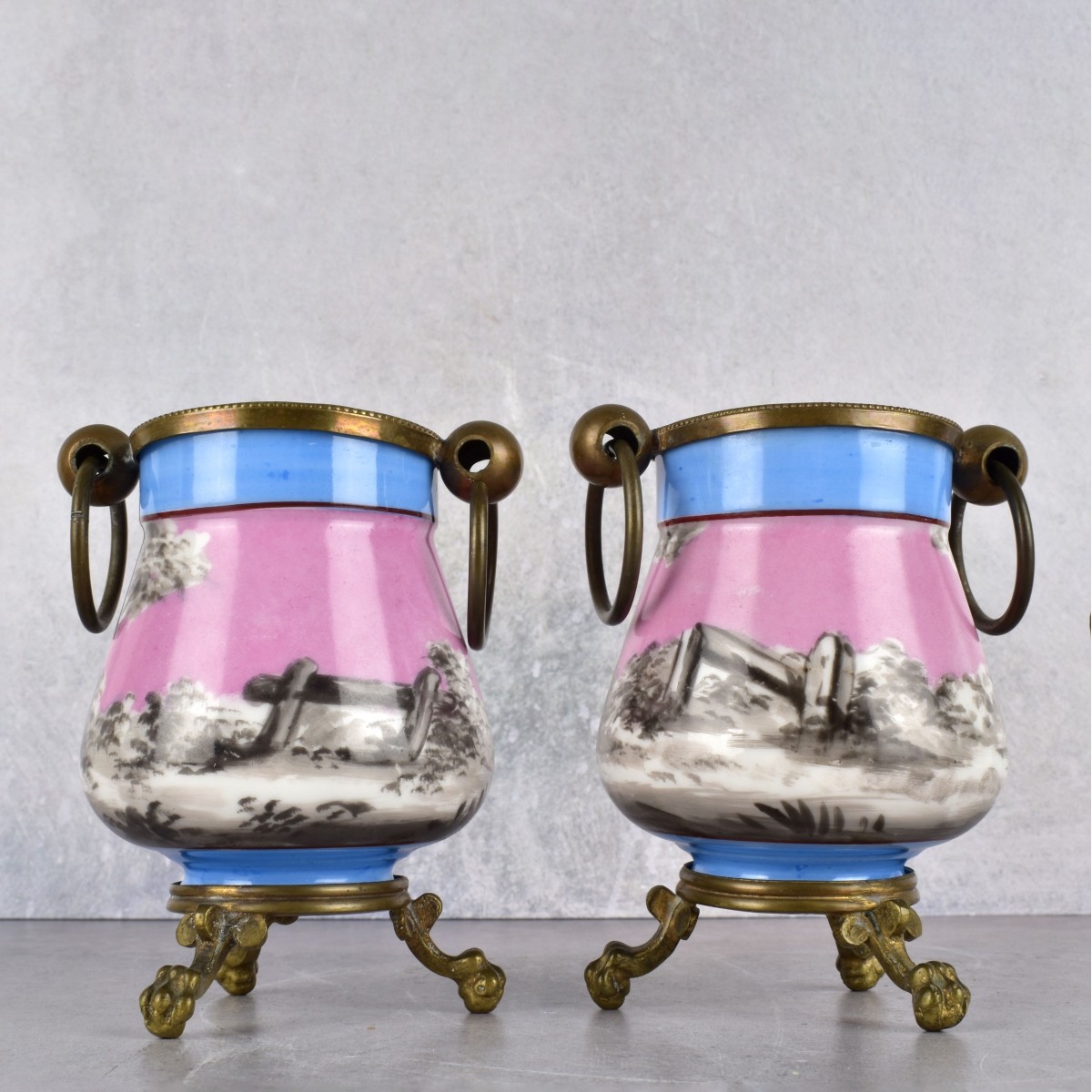Antique Pair of Scenic Porcelain Pots