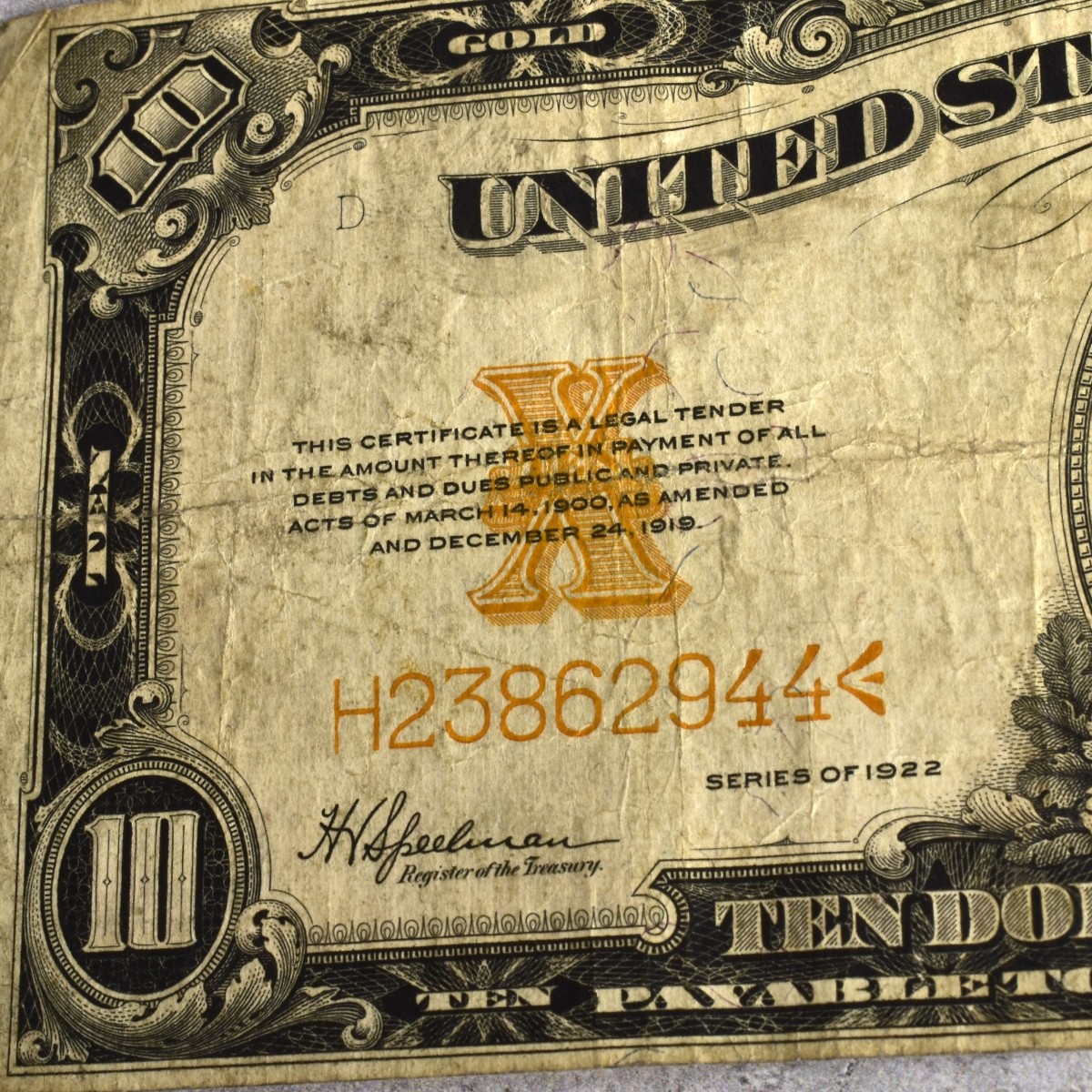 1922 US $10 Gold Certificate