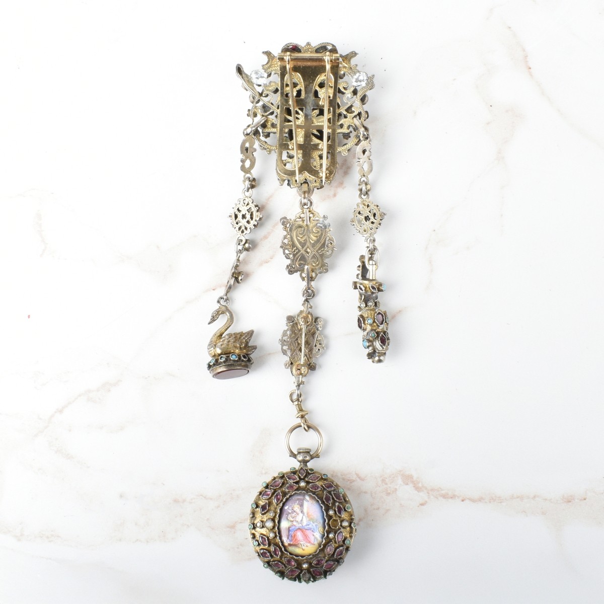 Gemstone, Pearl and Silver Chatelaine