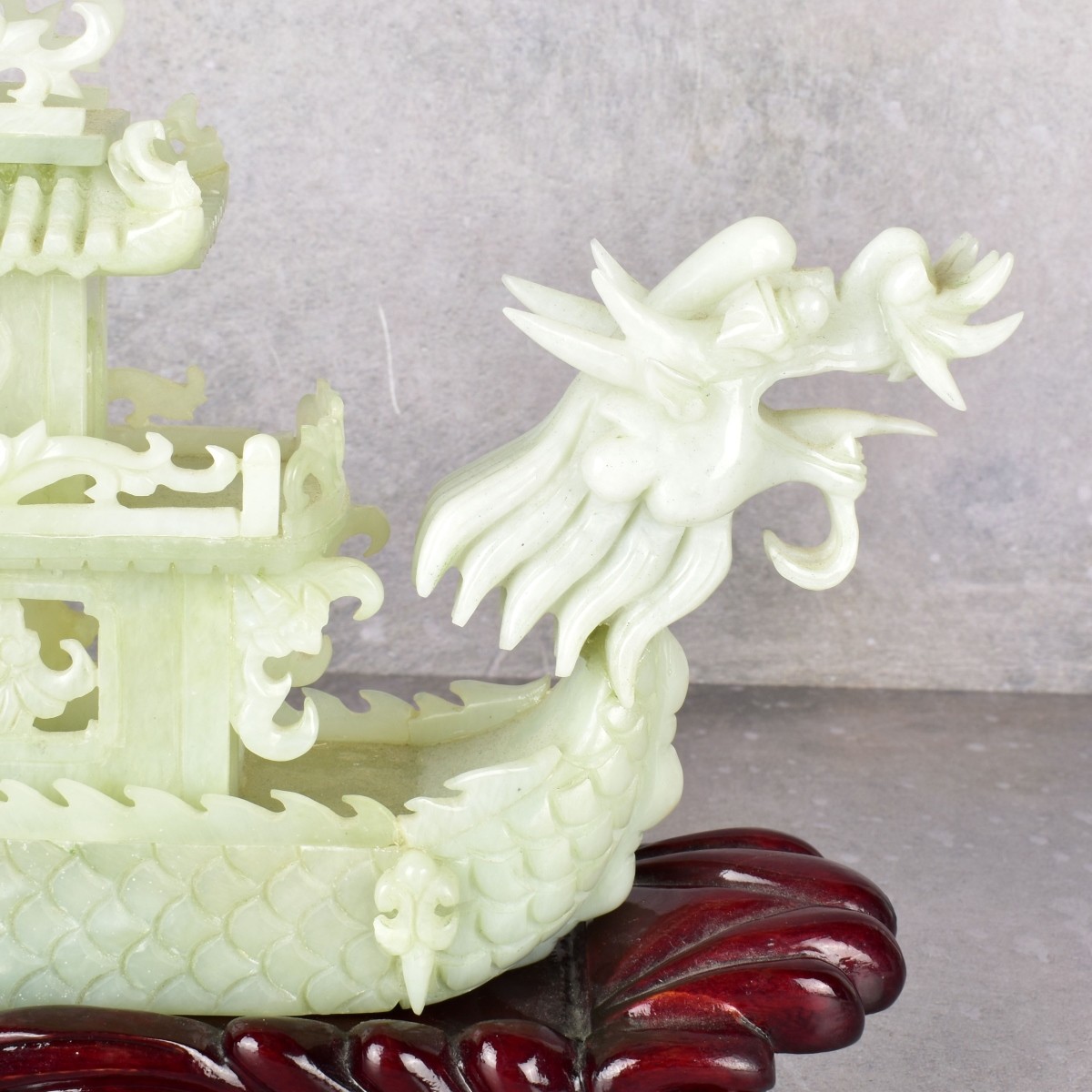 Vintage Chinese Carved Serpentine Jade Boat