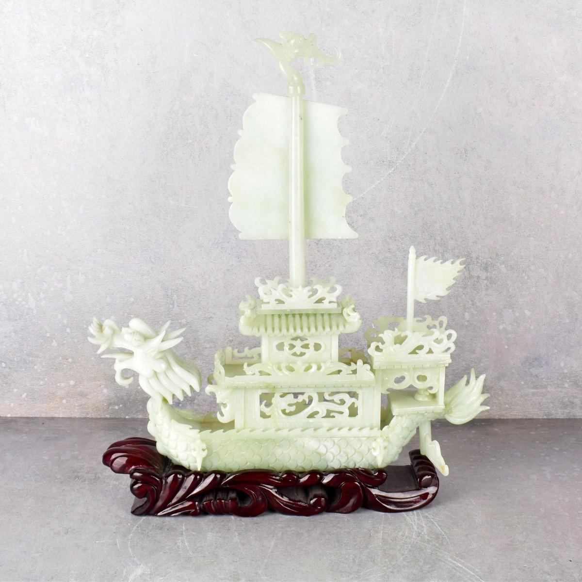 Vintage Chinese Carved Serpentine Jade Boat