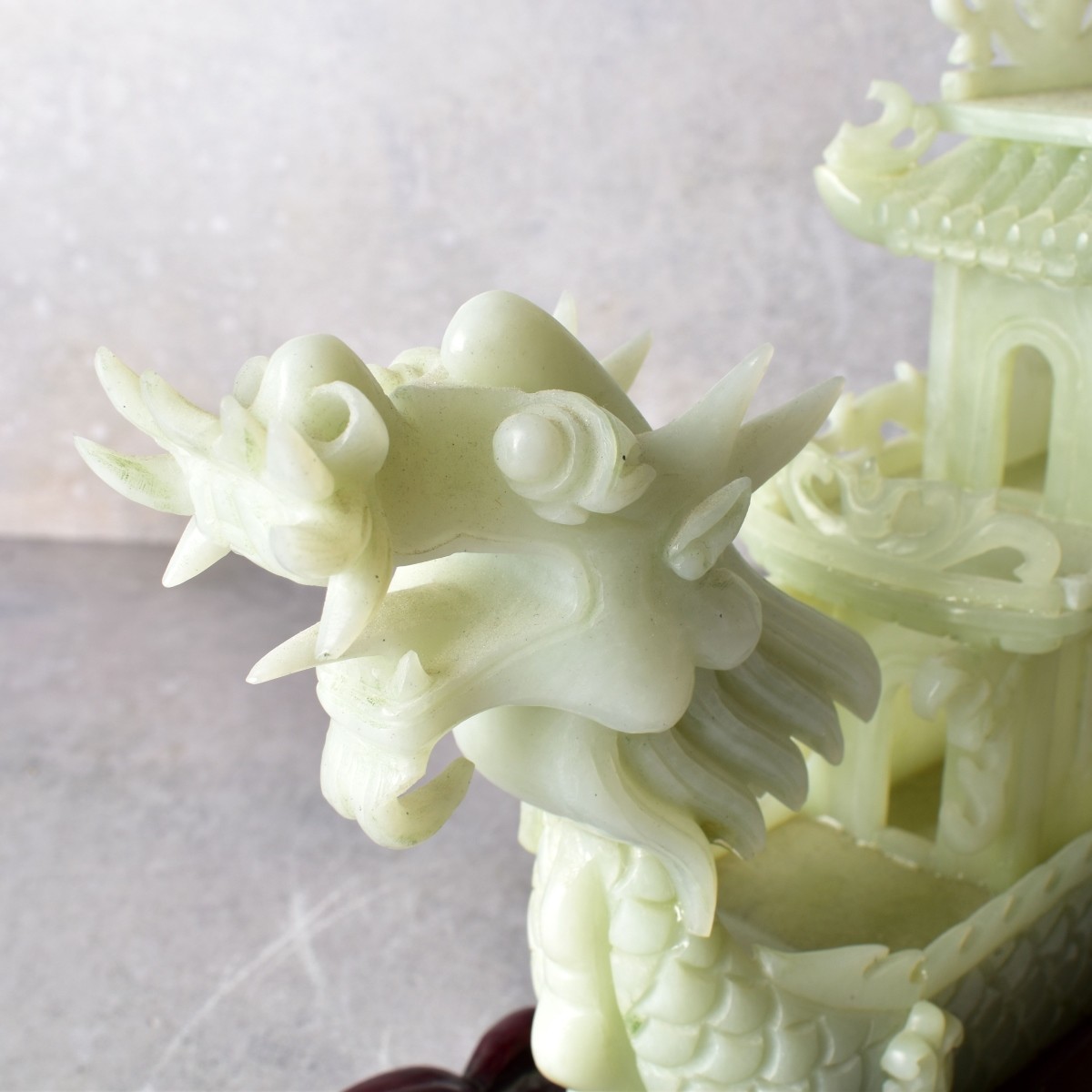 Vintage Chinese Carved Serpentine Jade Boat