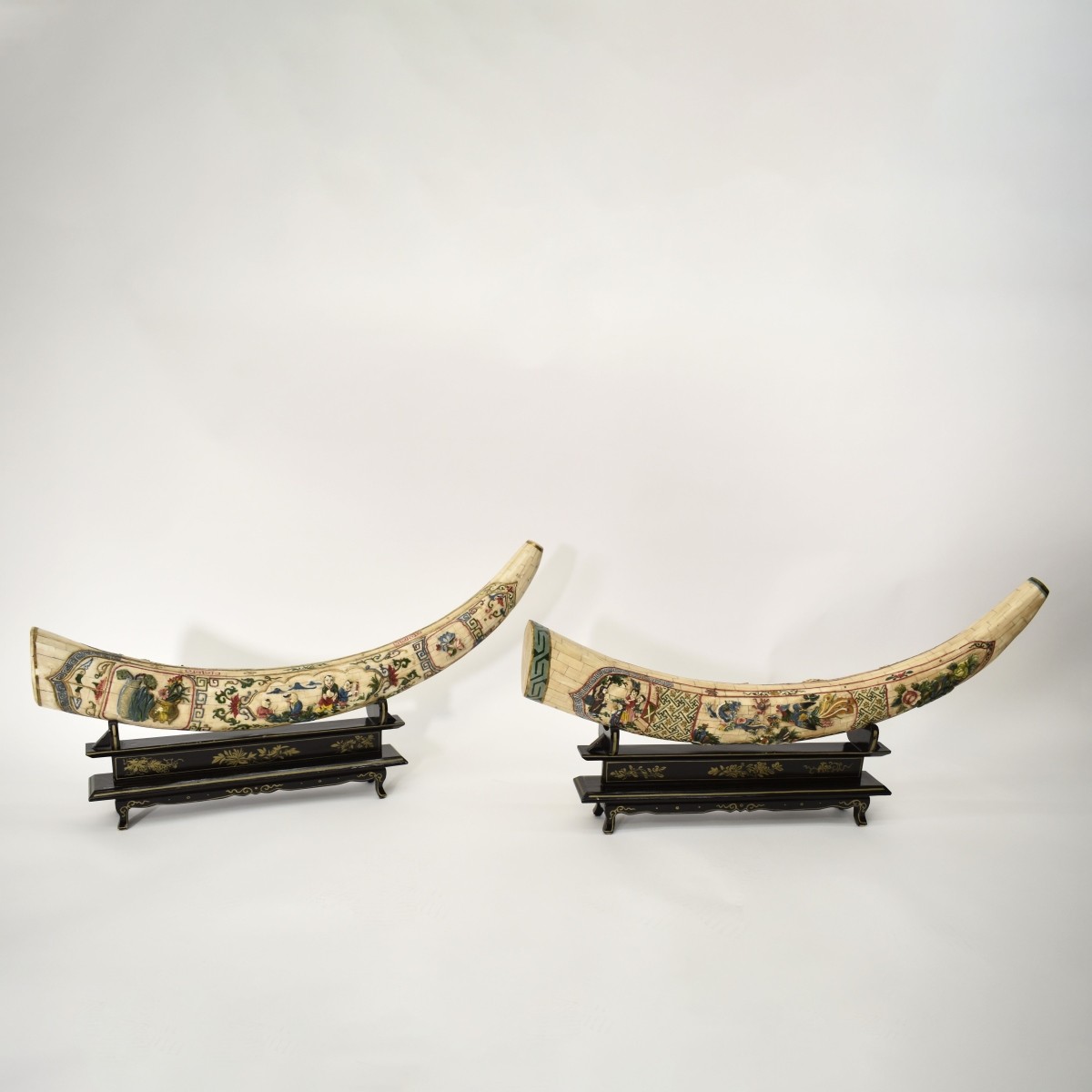 Vintage Pair of Chinese Hand Carved Bone Tusks