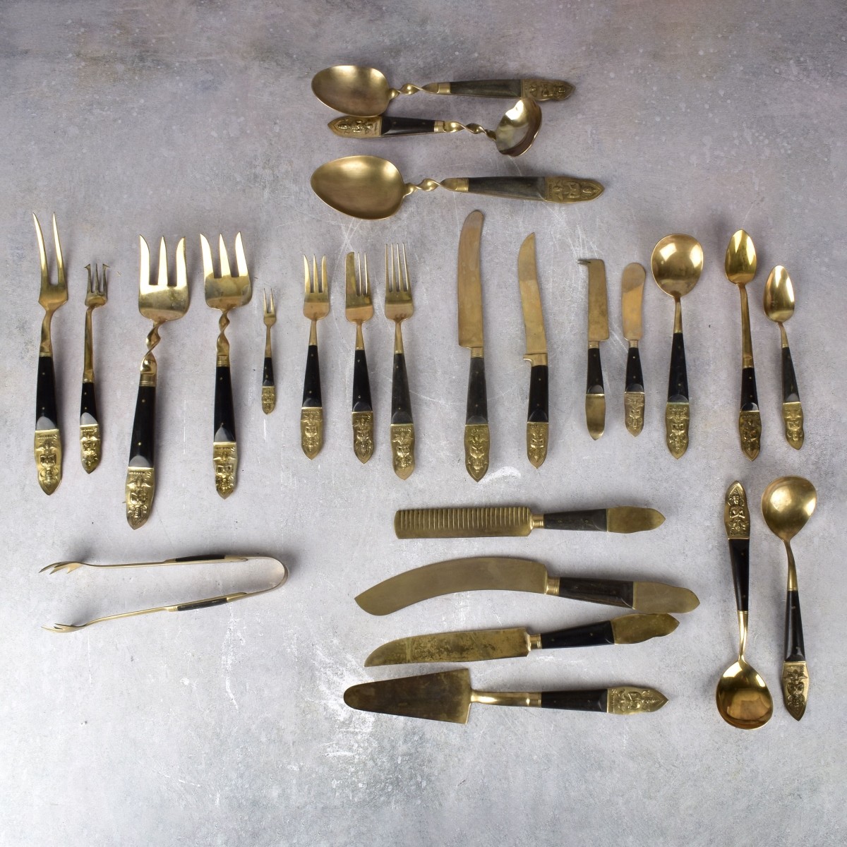 Vintage Thai Bronze and Wood Flatware Set