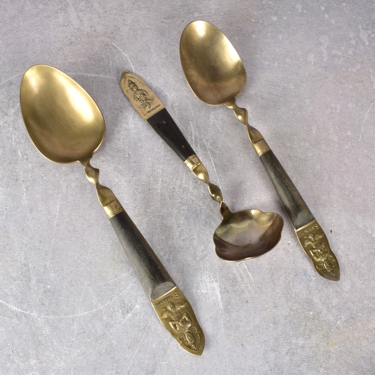 Vintage Thai Bronze and Wood Flatware Set
