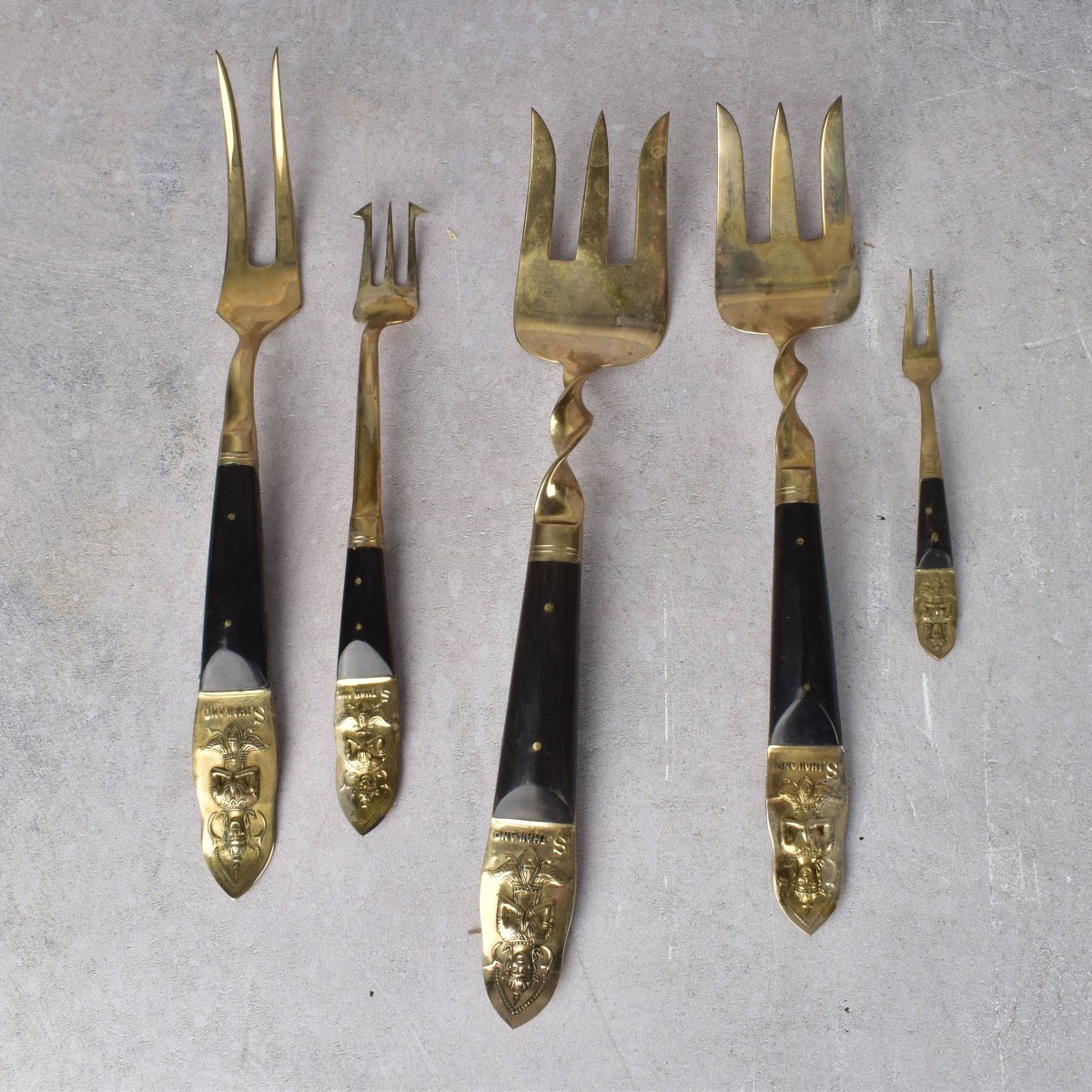 Vintage Thai Bronze and Wood Flatware Set