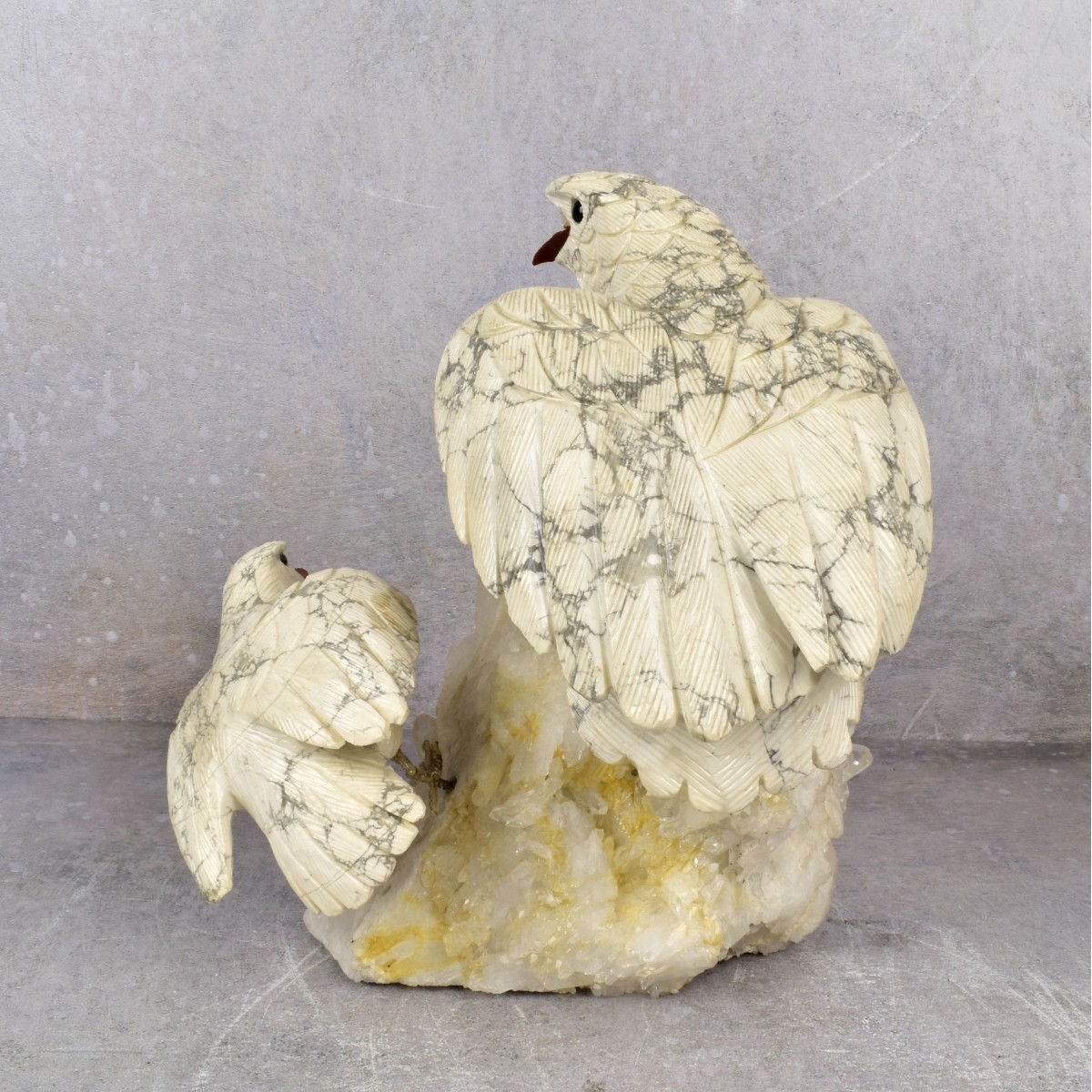 Vintage Carved Stone Birds on a Quartz Rock