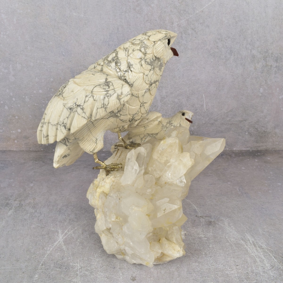 Vintage Carved Stone Birds on a Quartz Rock