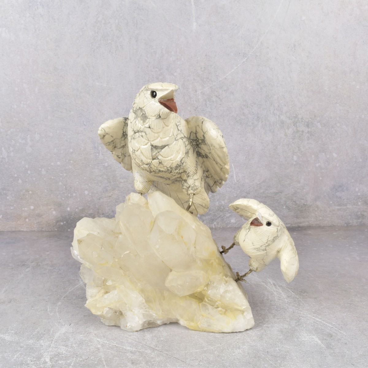 Vintage Carved Stone Birds on a Quartz Rock