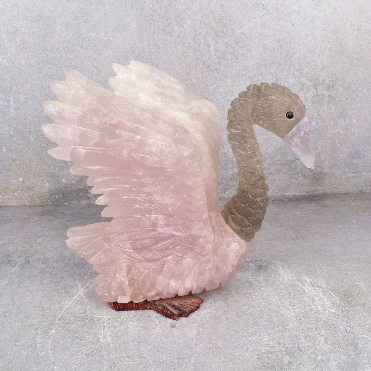 Idar-Oberstein Carved Rose and Grey Quartz Swan