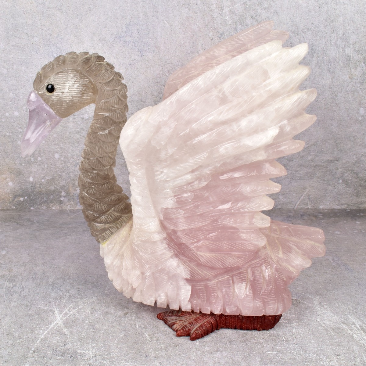 Idar-Oberstein Carved Rose and Grey Quartz Swan