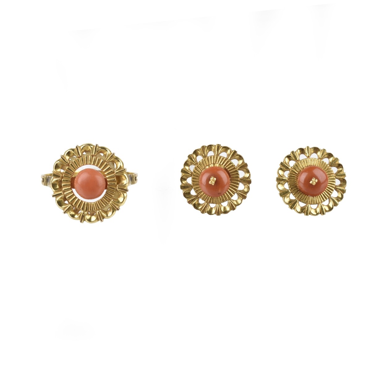 Red Coral and 14K Ring & Ear Studs
