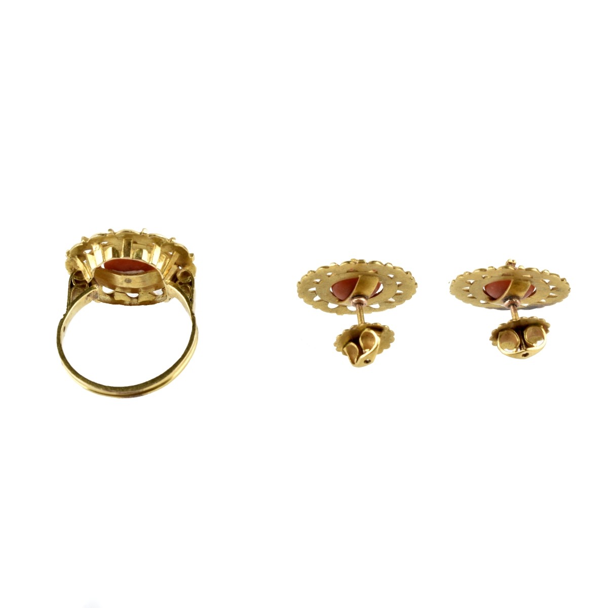 Red Coral and 14K Ring & Ear Studs