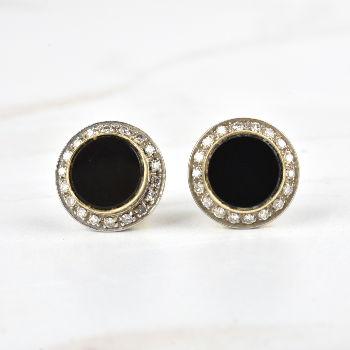 Diamond, Onyx and 18K Ear Studs