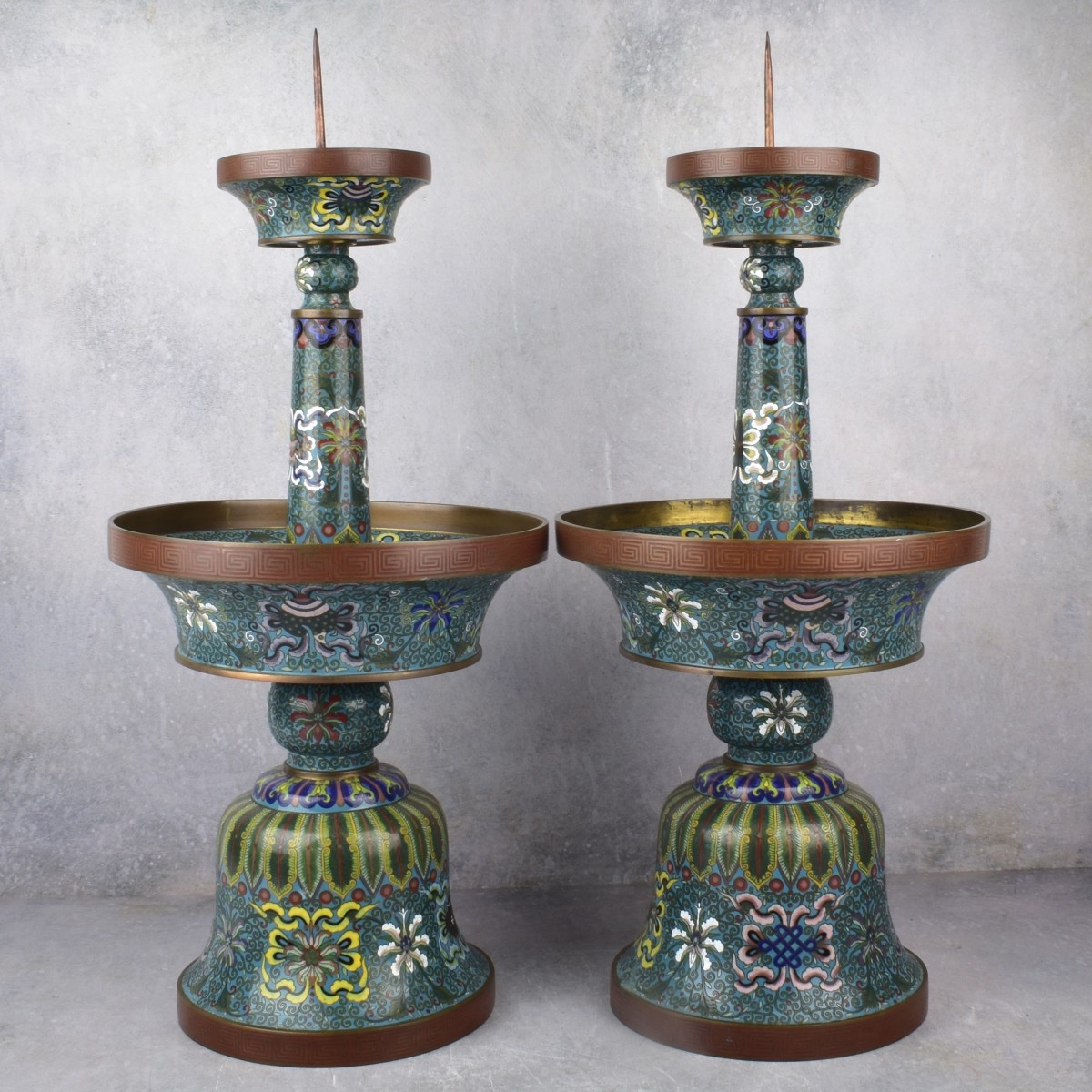 Chinese Cloisonne Enamel Pricket Candlesticks