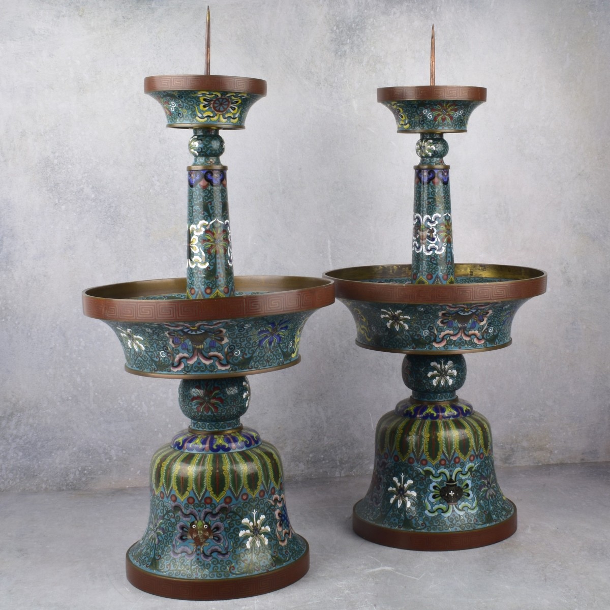 Chinese Cloisonne Enamel Pricket Candlesticks