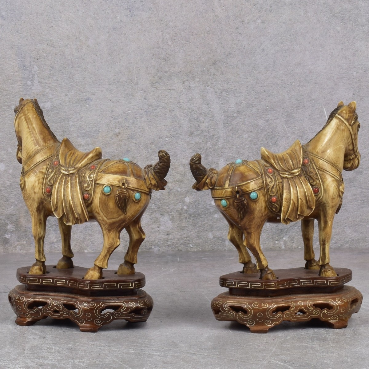 Chinese Tea Stained Carved Tang Horse Figures