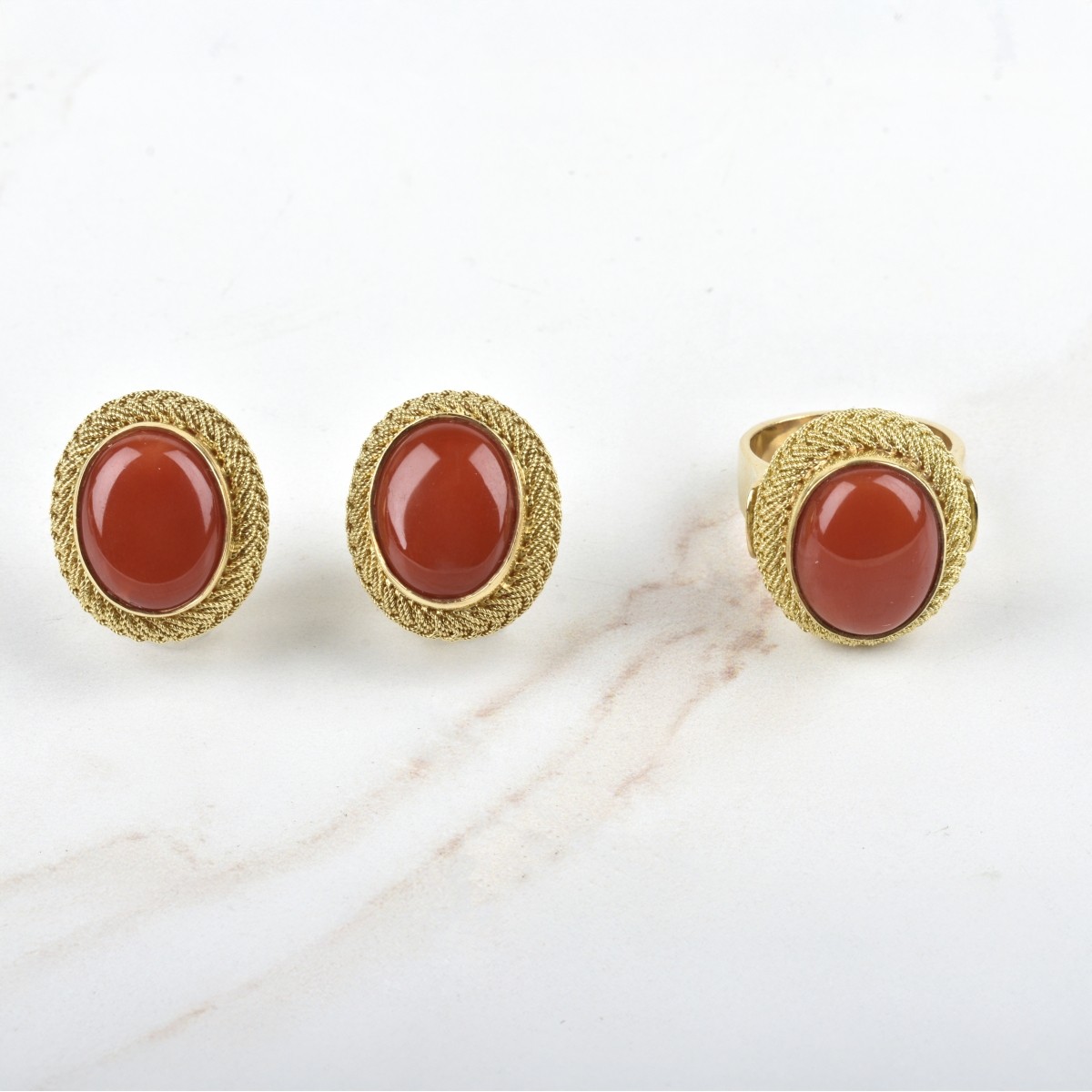 Coral and 18K Ring and Earrings