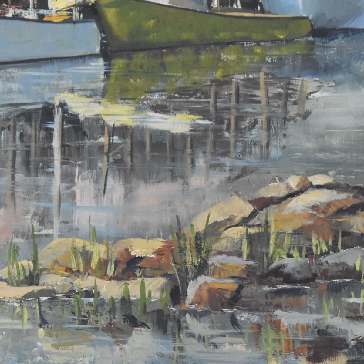 Vintage Oil on Canvas of a Harbor Scene
