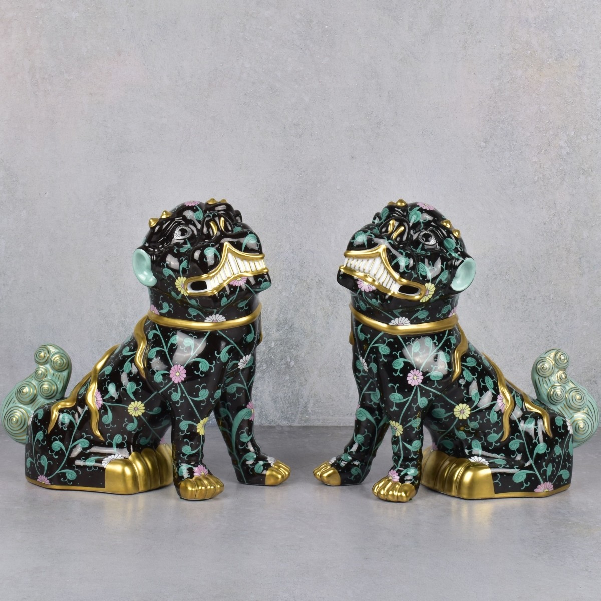 Rare Pair of Herend Porcelain Foo Dog Figurines