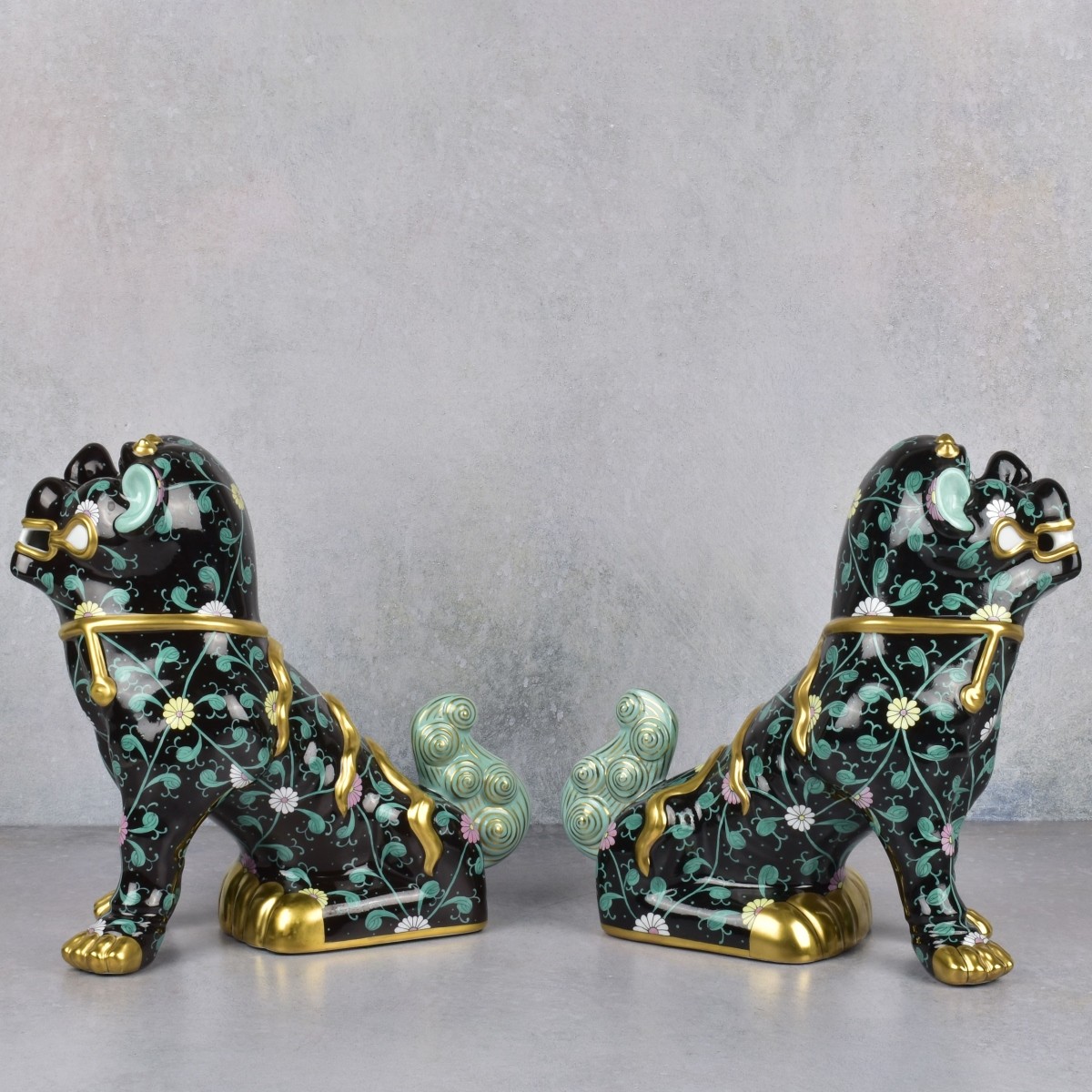 Rare Pair of Herend Porcelain Foo Dog Figurines