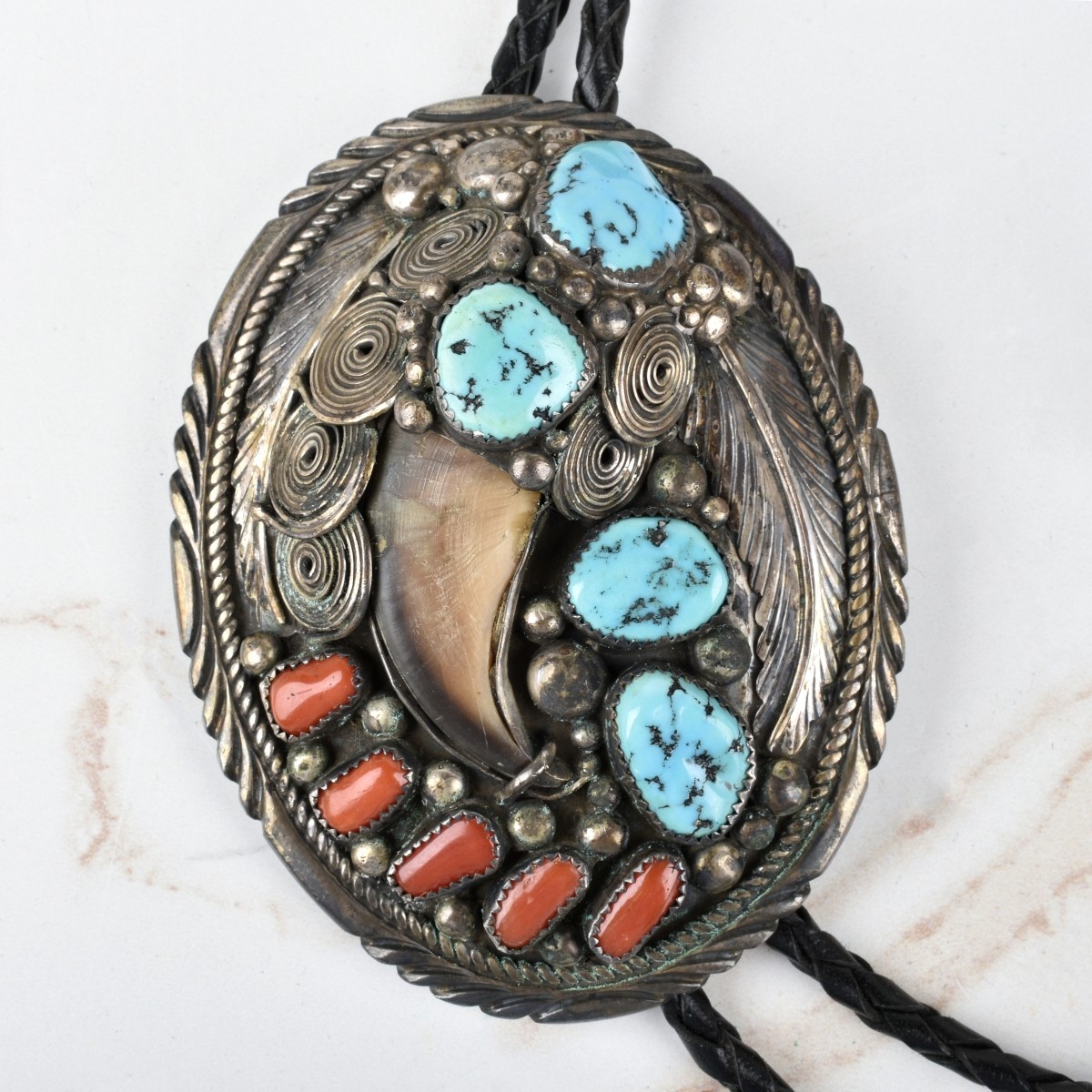 Navajo Turquoise, Coral & Silver Bolo Tie