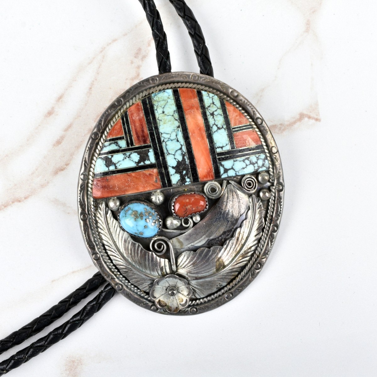 Navajo Turquoise, Coral and Silver Bolo Tie