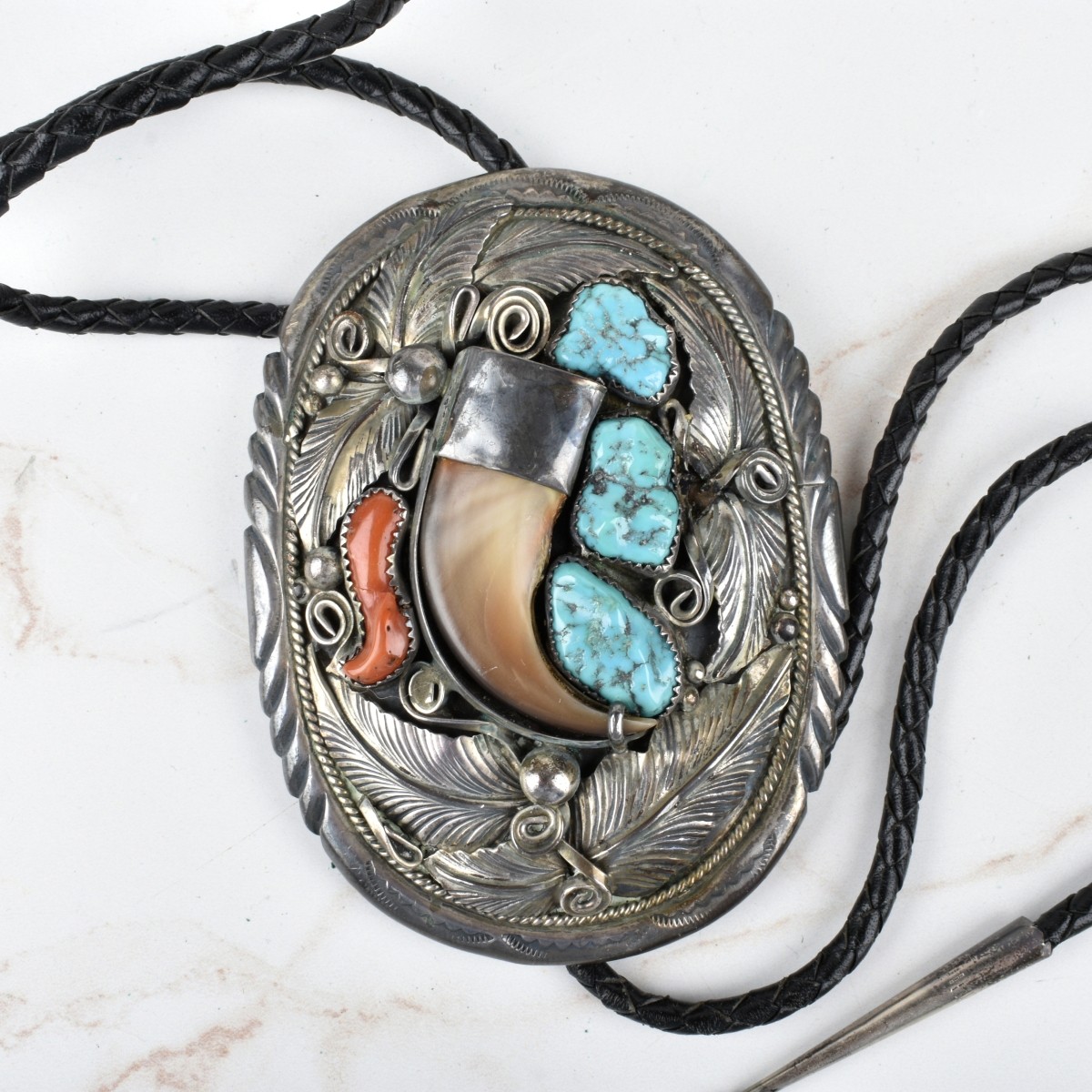 Navajo Turquoise, Coral and Silver Bolo Tie