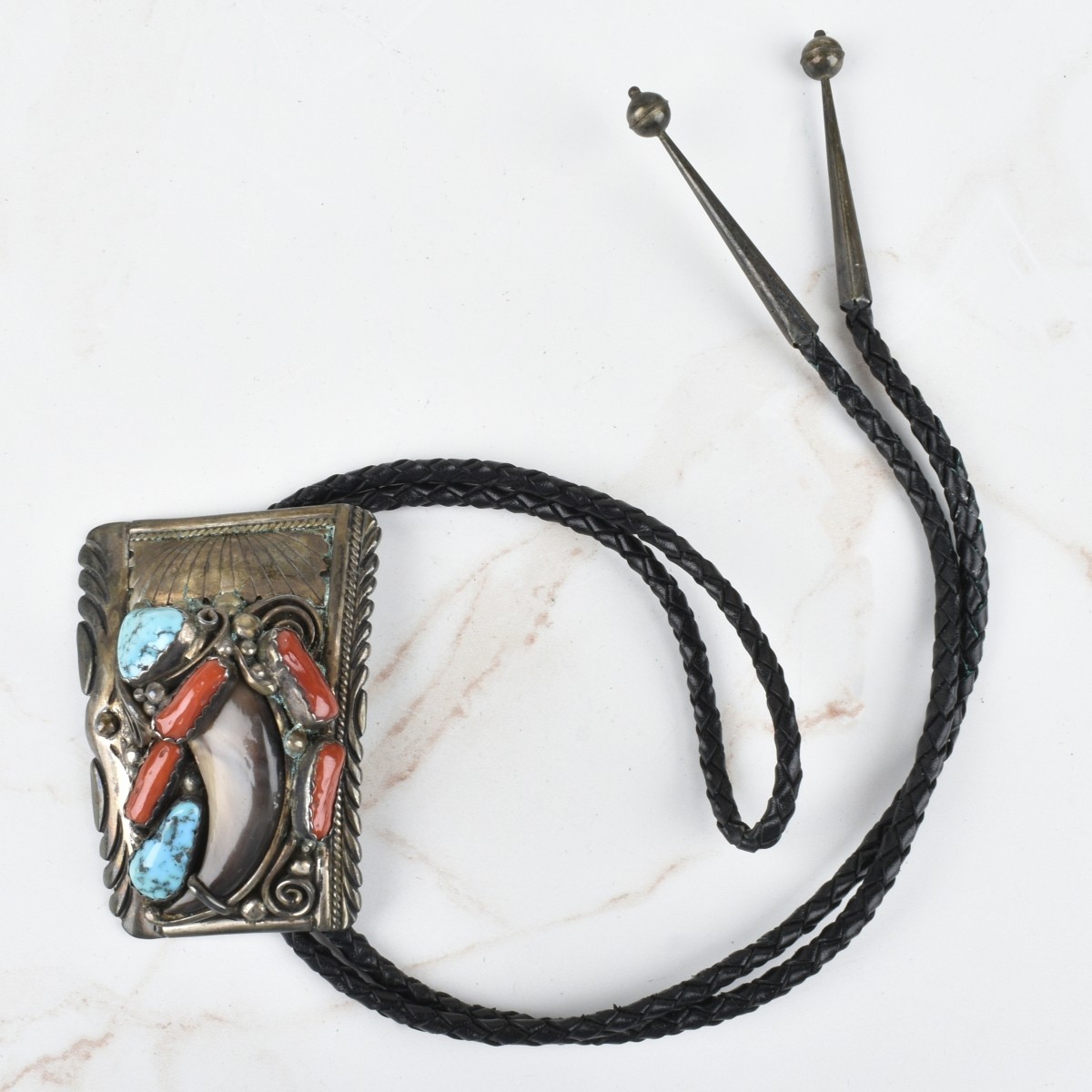Navajo Coral Turquoise and Silver Bolo Tie