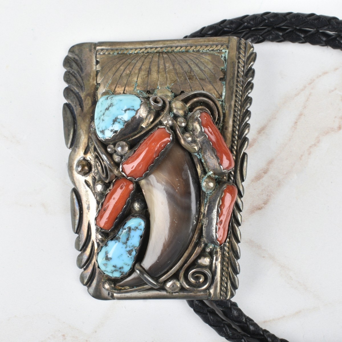 Navajo Coral Turquoise and Silver Bolo Tie