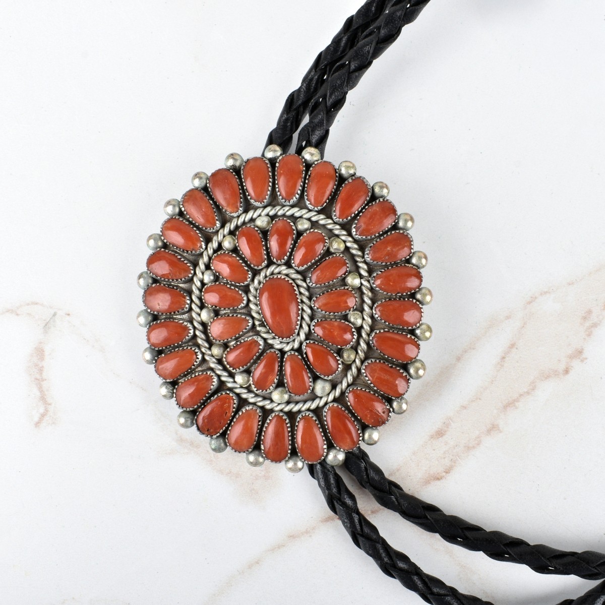 Native American Coral and Silver Bolo Tie