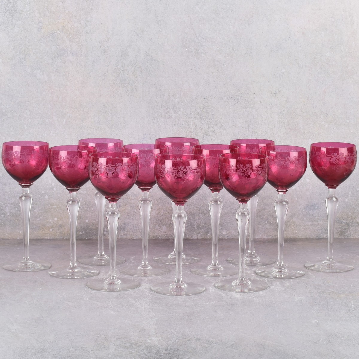 Victorian Engraved Cranberry Wine Glasses