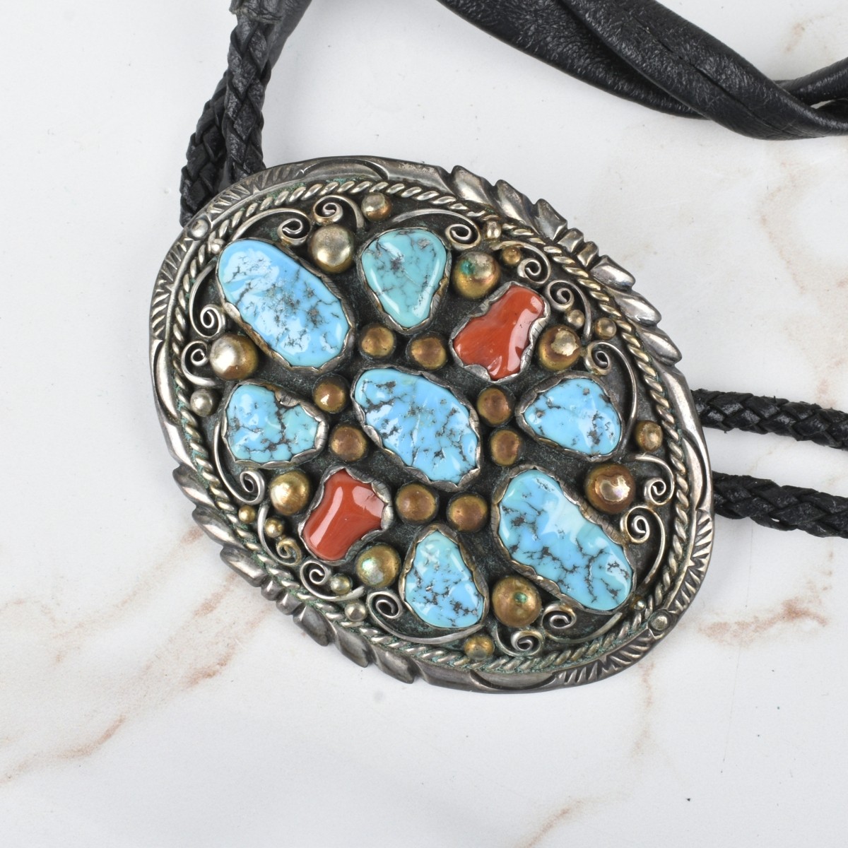 Navajo Turquoise, Coral and Silver Bolo Tie
