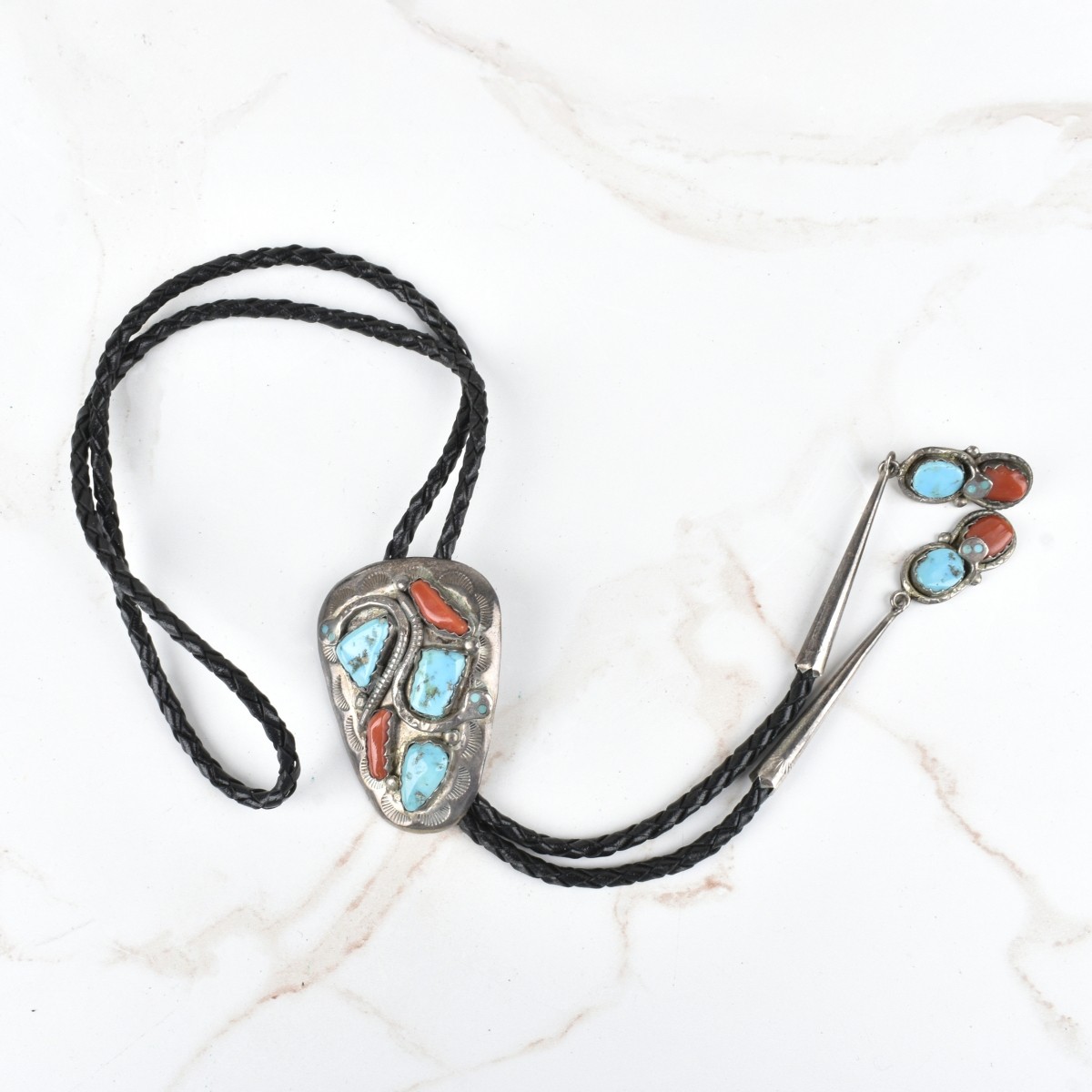Zuni Turquoise, Coral and Silver Bolo Tie