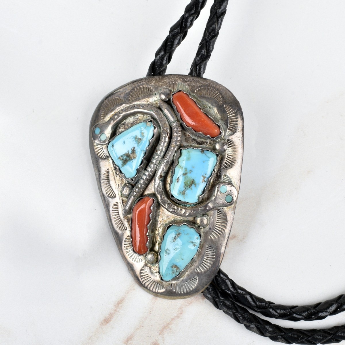 Zuni Turquoise, Coral and Silver Bolo Tie