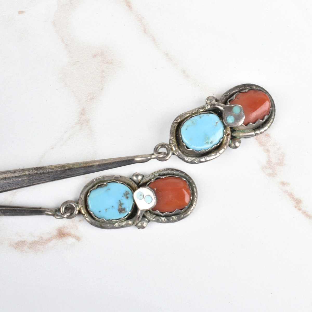 Zuni Turquoise, Coral and Silver Bolo Tie