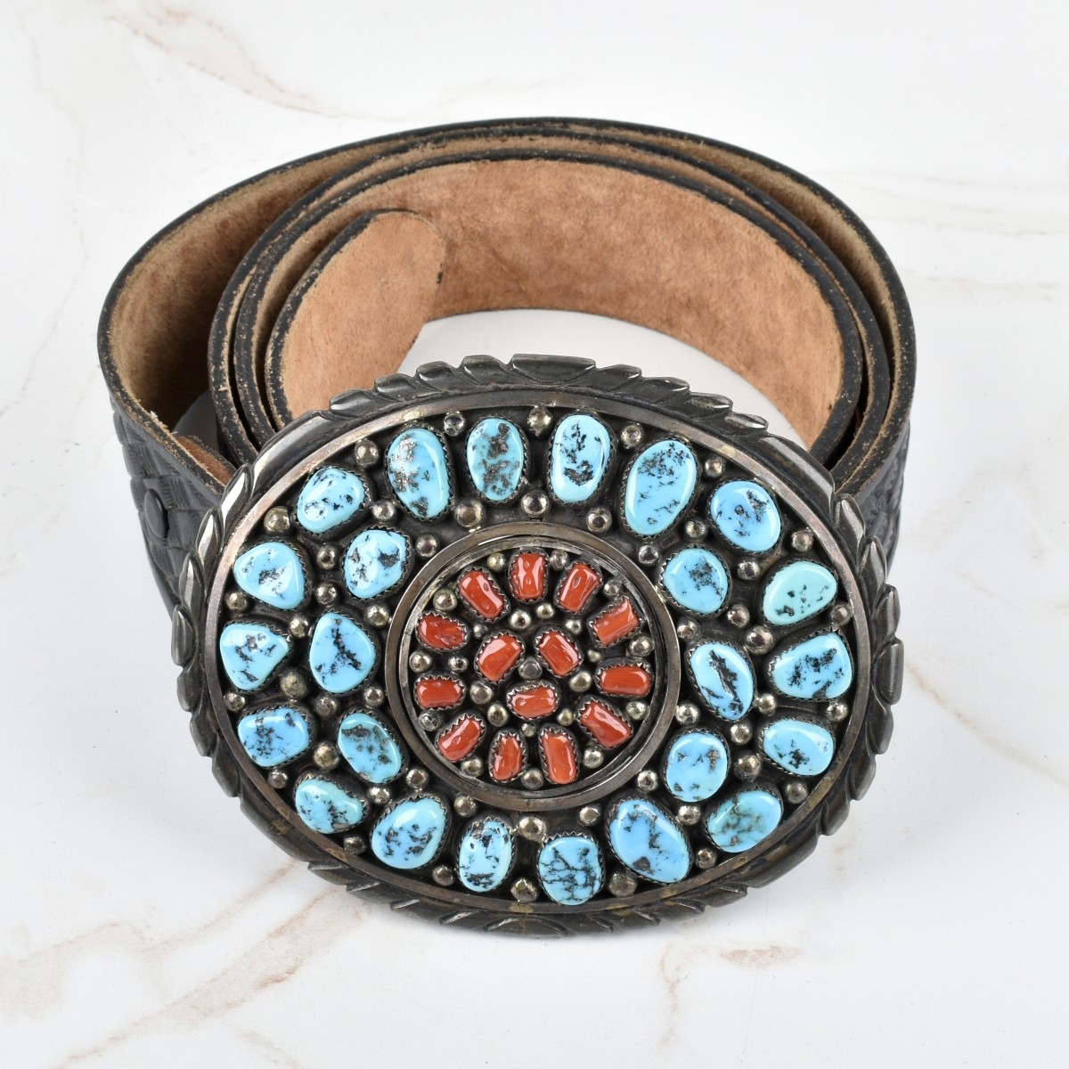 Navajo Turquoise, Coral and Silver Belt Buckle